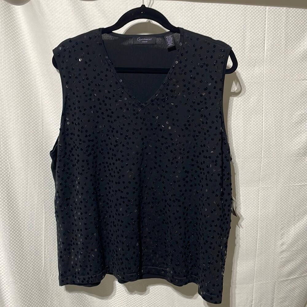 Context woman 3x black sleeveless v neck sequined tank cotton spandex blend NWT